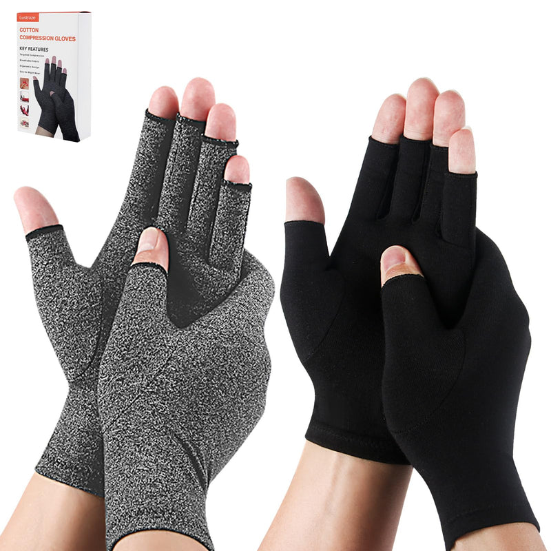 [Australia] - 2 Pairs Arthritis Gloves for Women and Men, Pain Relief Compression Gloves Women,Fingerless Breathable Design Black+grey L(3.5-4.3Inch) 