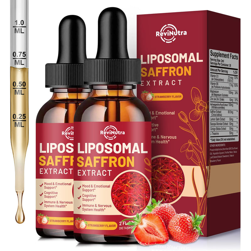 Saffron Supplements - 88.5mg Saffron Extract Liposomal Liquid Drops with Magnesium, Zinc, Ashwagandha, L-Theanine, Vitamin B6, D3 for Antioxidant Mood Energy Vision & Focus, Strawberry Flavor 4 Fl Oz 4 Fl Oz (Pack of 1)