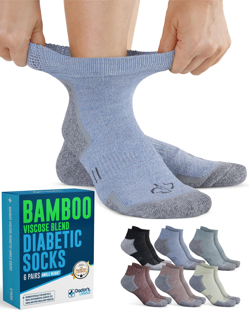 [Australia] - Doctor's Select Bamboo Viscose Ankle Diabetic Socks for Women & Men - 6 Pairs Viscose Bamboo Socks Woman, Low Cut Non Binding Black/Aqua/Blue/Maroon/Light Yellow/Orange - 6 Pairs Large 