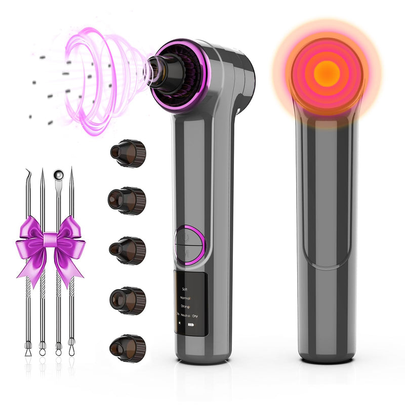 Blackhead Removers Pore Vacuum with Heating, Electric Blackhead Suction Remover, 3 Adjustable Suction Levels & 9 Modes, Comedone Extractor Kit with 5 Heads for Nose & Face Deep Pore Cleansing Black