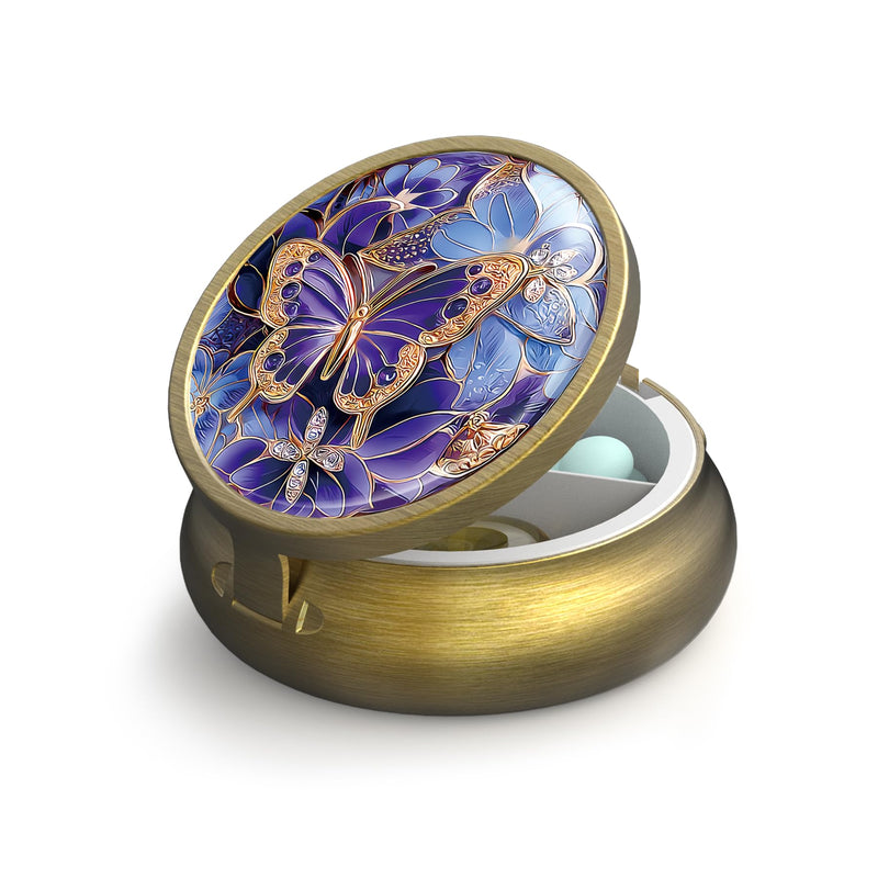 Small Pill Case Pill Box with Mirror Retro 3 Compartment Pill Holder for Purse or Pocket Bronze Portable Medicine Vitamin Container Fish Oil and Supplement Storage BPA-Free(Purple Butterfly) Purple Butterfly