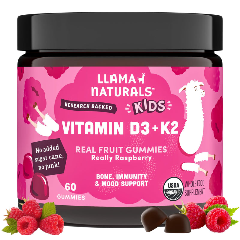 Llama Naturals Kids Vitamin D3 K2 Gummies, Vegan, Organic, Children Toddler Vitamin D Gummies, Real Fruit Gummy Vitamins, No Added Sugar Cane, Raspberry, 60 Ct 60 Count (Pack of 1)