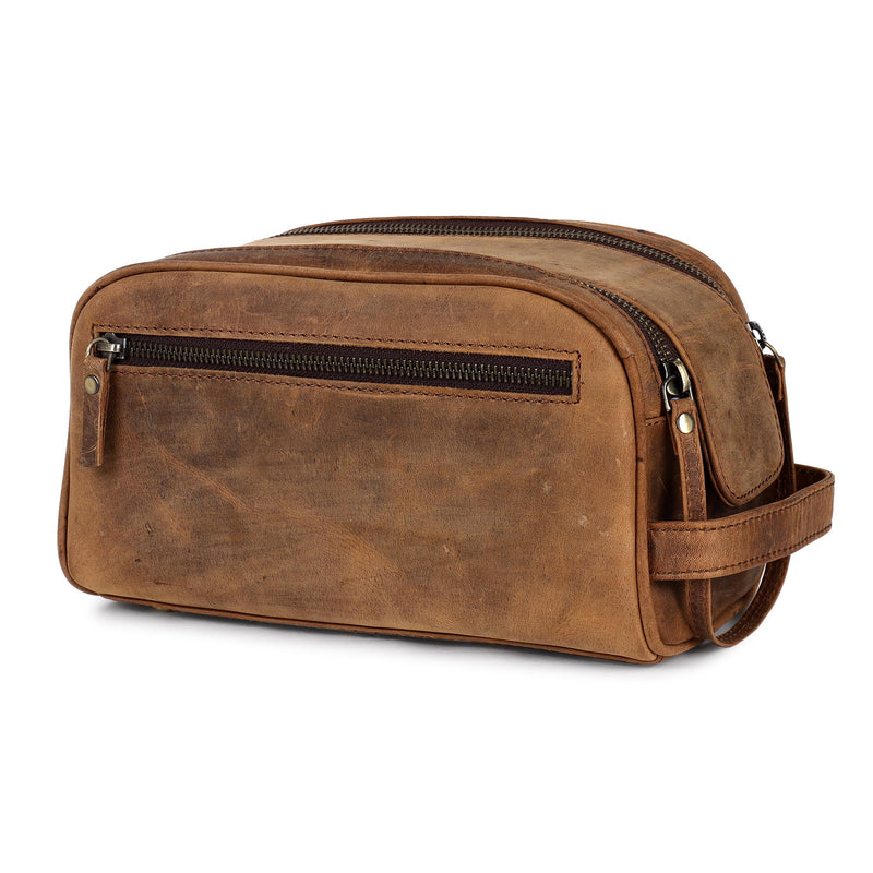TRISKY Men's Leather Travel Toiletry Bag- Leather Dop Kit For Men & Women With Water Resistant Lining, King-size Handcrafted Bathroom Bag For Men- Tan Brown