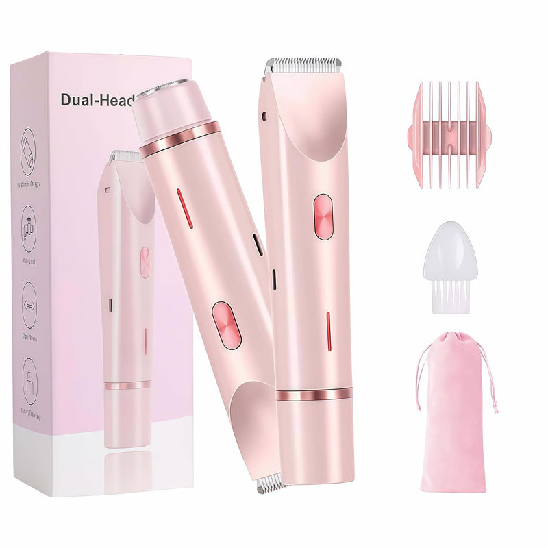Bikini Trimmer for Women, 2 in 1 Electric Razors for Women - Double Head, Rechargeable, IPX7 Waterproof, Pain-Free Hair Removal for Facial, Body & Sensitive Areas with Ceramic Blades, Cordless Pink