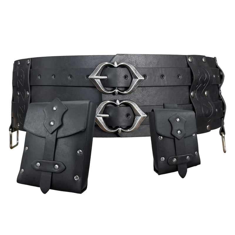 3PCs Medieval Fanny Pack Accessory Set, Renaissance Fanny Pack, Vintage Viking Wide Belt for LARP Events (Black A) Black A Style a