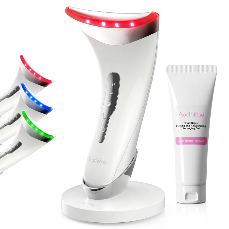 [Australia] - Red Light Therapy for Face and Neck, Renewal Face Lift Device with Vibration Tech, 3 in 1 Face Massager Tool with Thermals, True Beauty Glow Facial Sculptor for Wrinkles, Double Chin (White) 