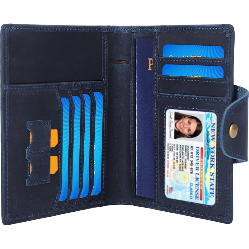 STAR VISTA Carmen Leather Passport Wallet, Dual Bifold Cash Pockets, RFID Blocking, ID Window, 6 Card Slots, Coin Pocket, SIM Slots, AirTag Slots, Navy Blue