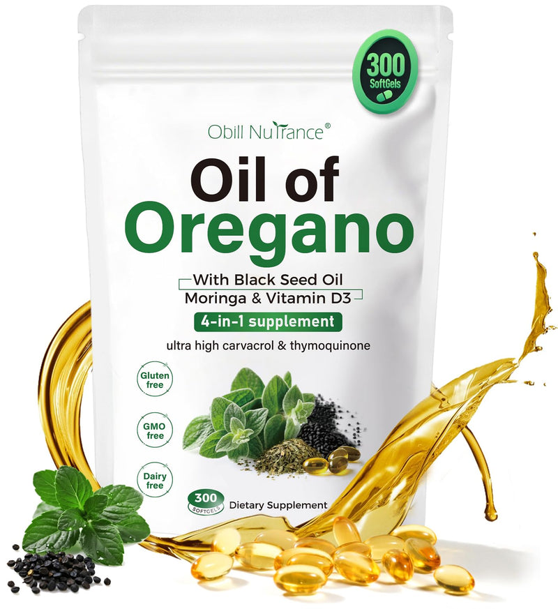 [Australia] - Oil of Oregano Capsules, 4-in-1 Organic Oil of Oregano with Black Seed Oil, Moringa & Vitamin D3 Softgels for Immune Support, Carvacrol & Thymoquinone, Non-GMO, 300 Softgels- 150 Days Supply 