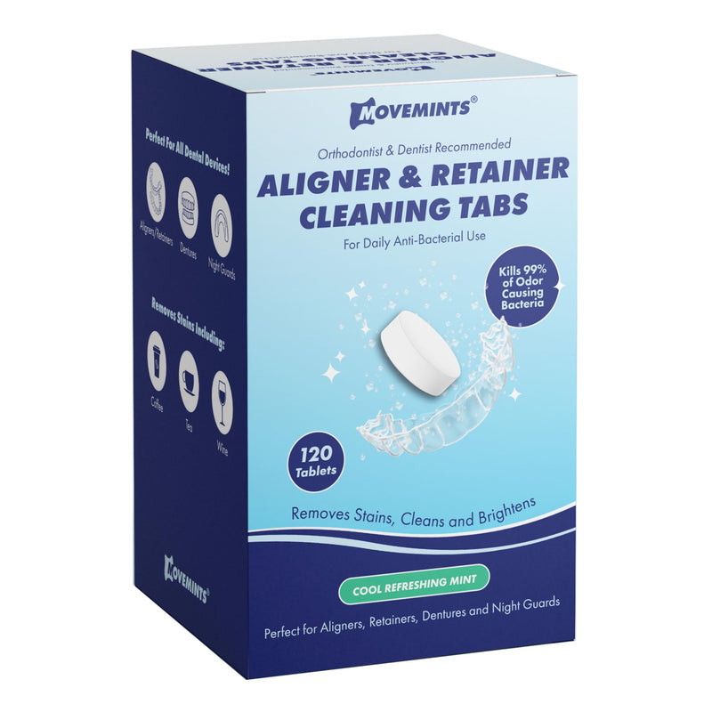 [Australia] - Movemints Cleaning Tablets for Aligners, Retainers, Dentures, Night Guard – Ultrasonic Compatible – Freshen Appliance and Remove Stains, Odors, and Plaque – Mint, 120 Count 