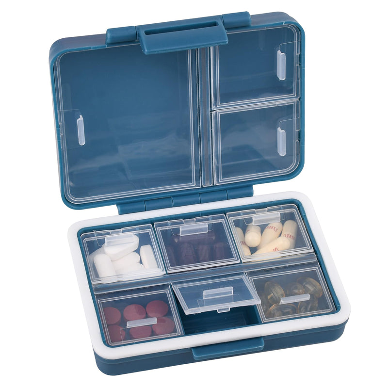 9 Compartment Pill Organizer,Waterproof Travel Medicine Case (Nevy Blue) | Large capacity compartments for vitamins, fish oils, and supplements. Portable pill box ideal for travel and daily use.