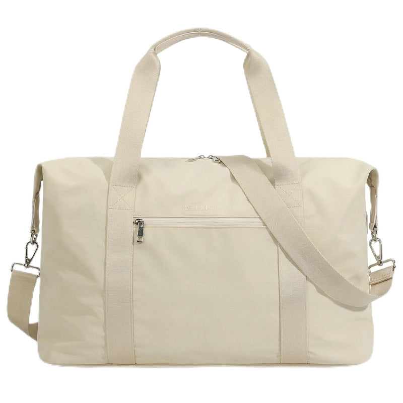 Oeihuivt Weekender Bags for Women - 21 Inch Large Travel Duffel Bag 2-Piece Set with Shoe Compartment, Heavy-Duty Canvas Leather Carry On Overnight Tote, Beige