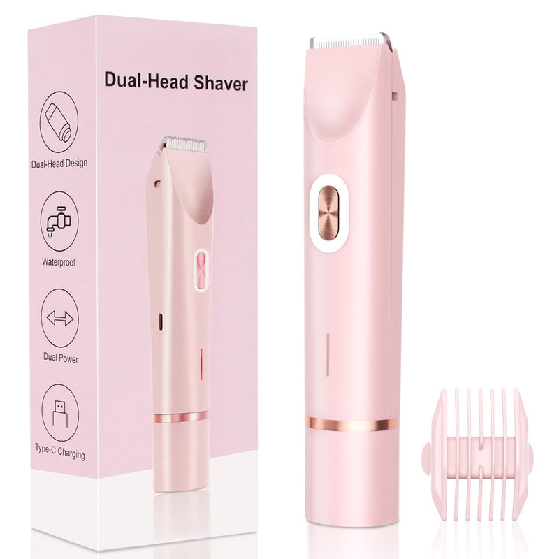[Australia] - 2025 New 2-in-1 Electric Bikini Trimmer for Women - Dual Head Electric Razor,Waterproof Painless Bikini Shaver, Pubic Hair Trimmer for Private Area & Body Hair, Pink 