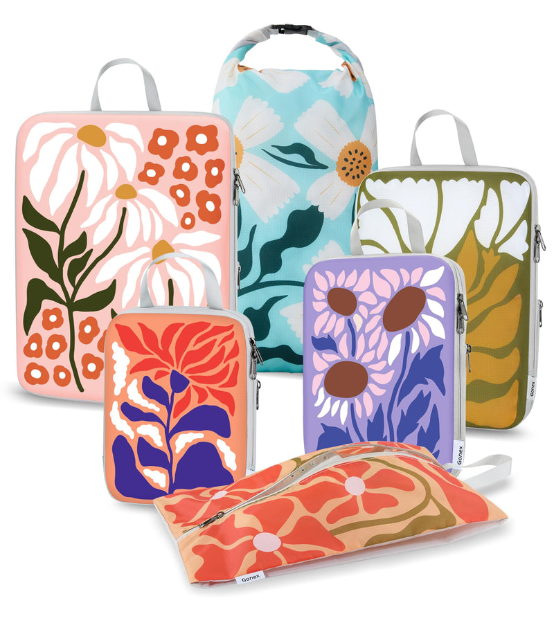 Gonex 6-Piece Compression Packing Cubes with Shoe & Laundry Bags | Floral Pattern, Ripstop Fabric, Double-Zip Compression, Carry-On Friendly, Lightweight Flowers 6 Set