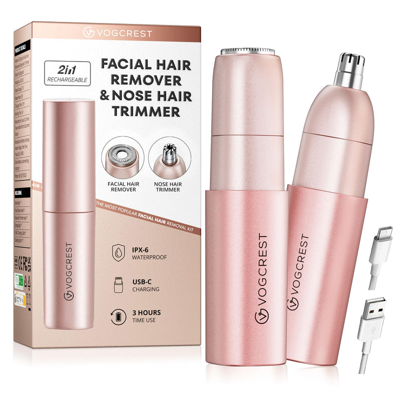 [Australia] - VG VOGCREST Nose Trimmer for Women: 2 in 1 Rechargeable Facial Hair Removal - Portable Mini Face Shaver for Chin Lip Peach Fuzz Ideal for Travel Use Rose Gold 