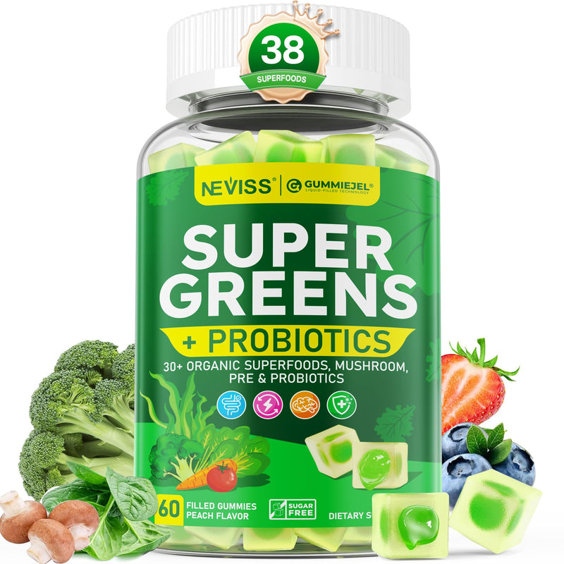 [Australia] - Organic Super Greens Daily Gummies + Probiotics, Spirulina, Chlorella, Spinach, Broccoli, Fiber, Fruits Veggies, Mushroom - Greens Powder Superfood Alternative, Natural Energy, Sugar Free Vegan, 60Cts 60 Count (Pack of 1) 