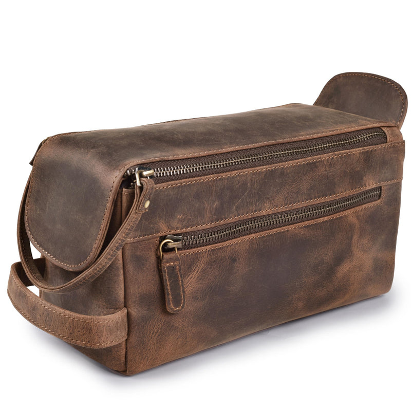 Full Grain Leather Toiletry Bag for Men & Women – Water-Resistant Travel Shaving Kit Organizer with YKK Zipper, Spacious Bathroom Grooming & Cosmetic Storage Case - Walnut Brown Distressed Brown