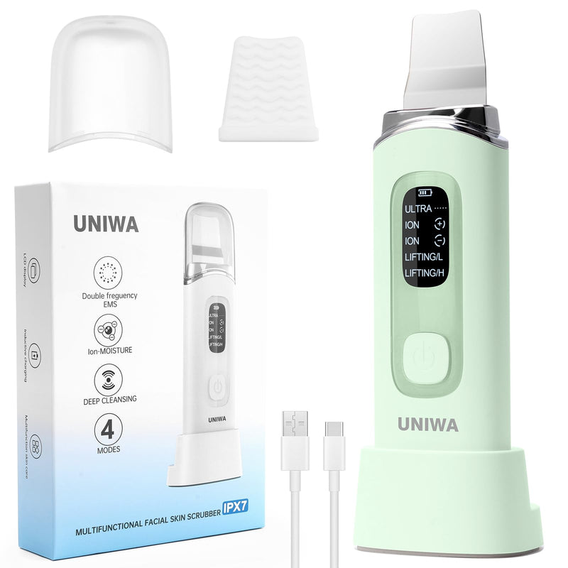 [Australia] - UNIWA Skin Scrubber Face Spatula, Skin Scrubber Pore Cleaner Blackhead Remover Tool for Deep Facial Cleansing - 4 Modes, Face Spatula with USB Charger, LCD Display, IPX7 Waterproof -Green 