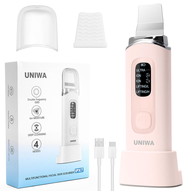 [Australia] - UNIWA Skin Scrubber Face Spatula, Skin Scrubber Pore Cleaner Blackhead Remover Tool for Deep Facial Cleansing - 4 Modes, Face Spatula with USB Charger, LCD Display, IPX7 Waterproof -Pink 