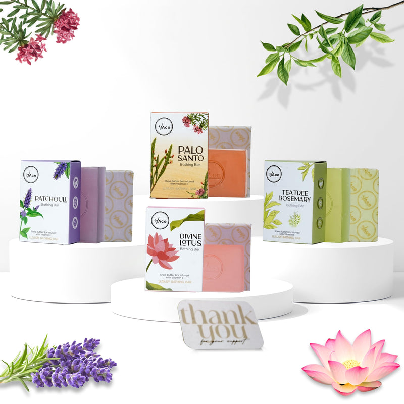 MY ACE Bathing Bar Soap Set of 4 - Tea Tree Rosemary, Patchouli, Divine Lotus & Palo Santo for Skin Cleansing, Moisturizing - SLES Free - Handmade with Shea Butter, Vitamin E for Face, Hair, Body Wash Tree Rosemary, Patchouli, Divine Lotus, Palo Santo