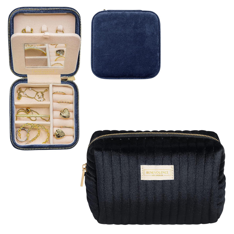 Benevolence LA Plush Velvet Travel Jewelry Box and Large Makeup Bag, Travel Accessory Organizer, Birthday Gifts for Women