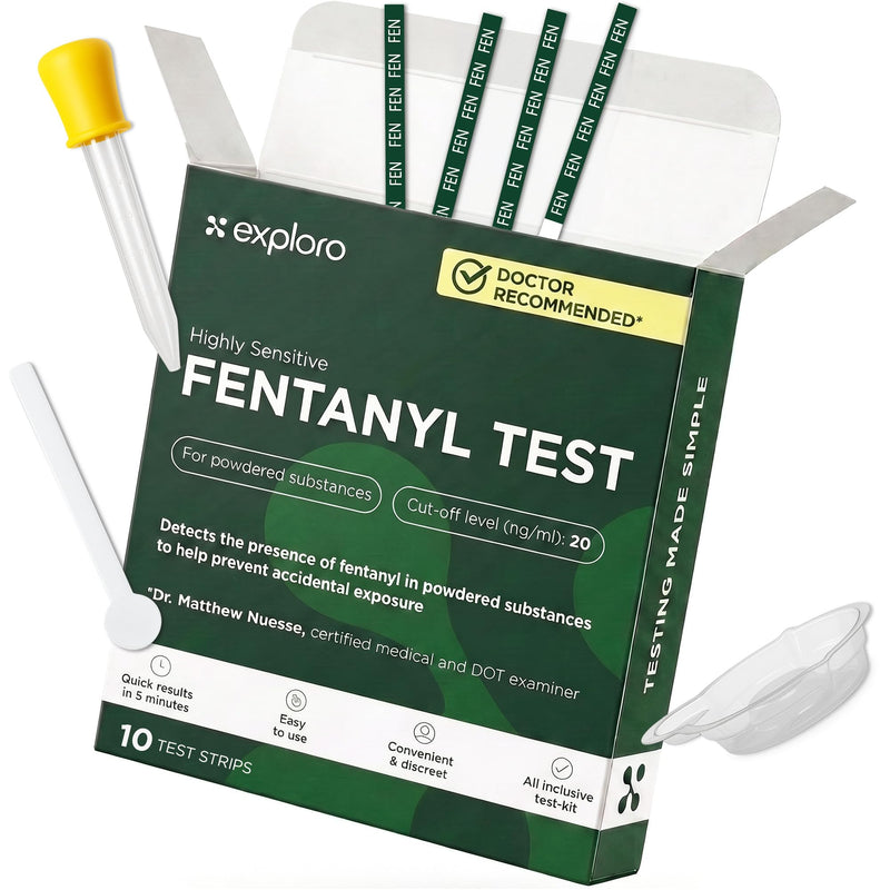 Fentanyl Test Kit for Powder and Pills, 20 ng/mL Strips, 10 Pack | Harm Reduction Made Simple, Measuring Spoon and Pipette Included, Individually Sealed, Clear Results in Minutes at Home 10 Count (Pack of 1)