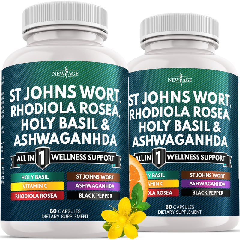 [Australia] - NEW AGE St Johns Wort, Rhodiola Rosea, Holy Basil, Ashwagandha - Support for Women and Men with Vitamin C & Black Pepper Extract - 120 Count 60 Count (Pack of 2) 