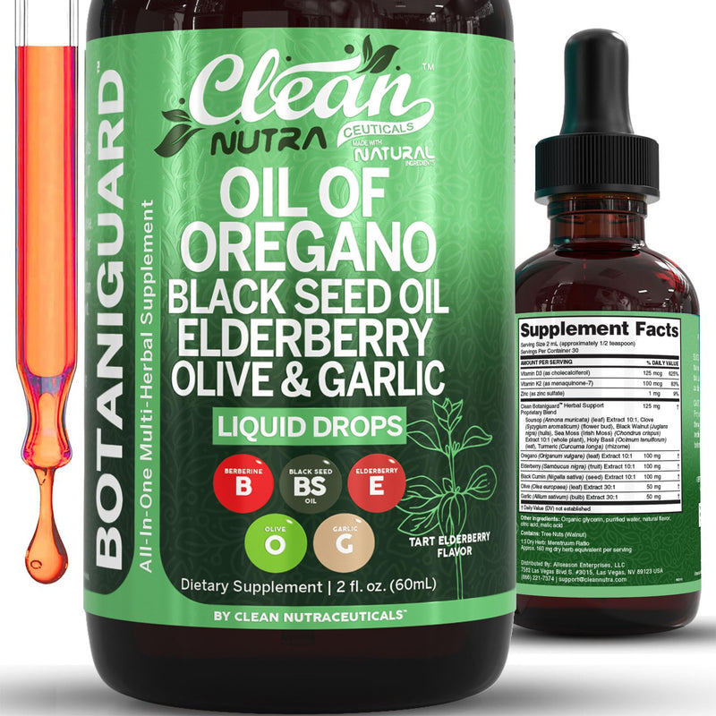 [Australia] - Clean Nutra Oil of Oregano Drops Black Seed Oil Elderberry Vitamin D D3 K2 Olive Garlic Immune Support Supplement Wellness Formula Zinc Supplements Liquid 2 Fl Oz BotaniGuard Vegan, Non-GMO 