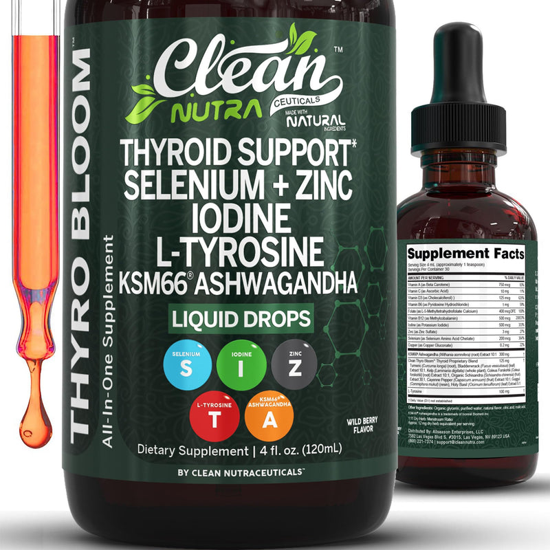ThyroBloom Thyroid Support for Women Liquid Drops Iodine L-Tyrosine Selenium Copper Ashwagandha Zinc Kelp Bladderwrack Schisandra Guggul Turmeric Vitamin A D3 B12 Folate Supplement by Clean Nutra 4oz Wildberry
