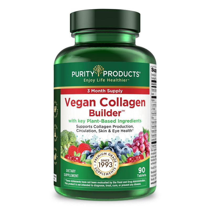 Purity Products Vegan Collagen Builder - Organic Whole Foods Fruits | & Veg, Silica, Lutein, Vitamin C, Biotin, Grape Seed - Amino Acids Glycine, Lysine & Proline Collagen Boosters - 90 Tablets Unflavored 90 Count (Pack of 1)
