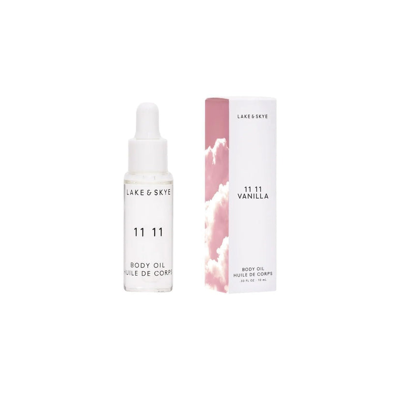 Lake & Skye 11 11 Vanilla Body Oil, 10mL, Subtle Musk & Vanilla Scent, Hydrating All-Over Moisturizer with Almond Oil, Vitamin E, Paraben-Free, Vegan, Nourishes & Softens Dry Skin, Sample 0.33 Fl Oz (Pack of 1)