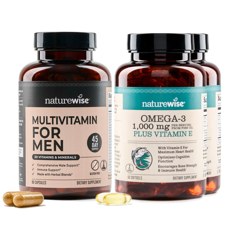 NatureWise [1] Multivitamin for Men - Non-GMO - 90 Capsules[45-Day Supply] + (Pack of 2) Omega 3 Fish Oil 1000mg + Vitamin E - Wild-Caught - 60 Softgels[30-Day Supply]
