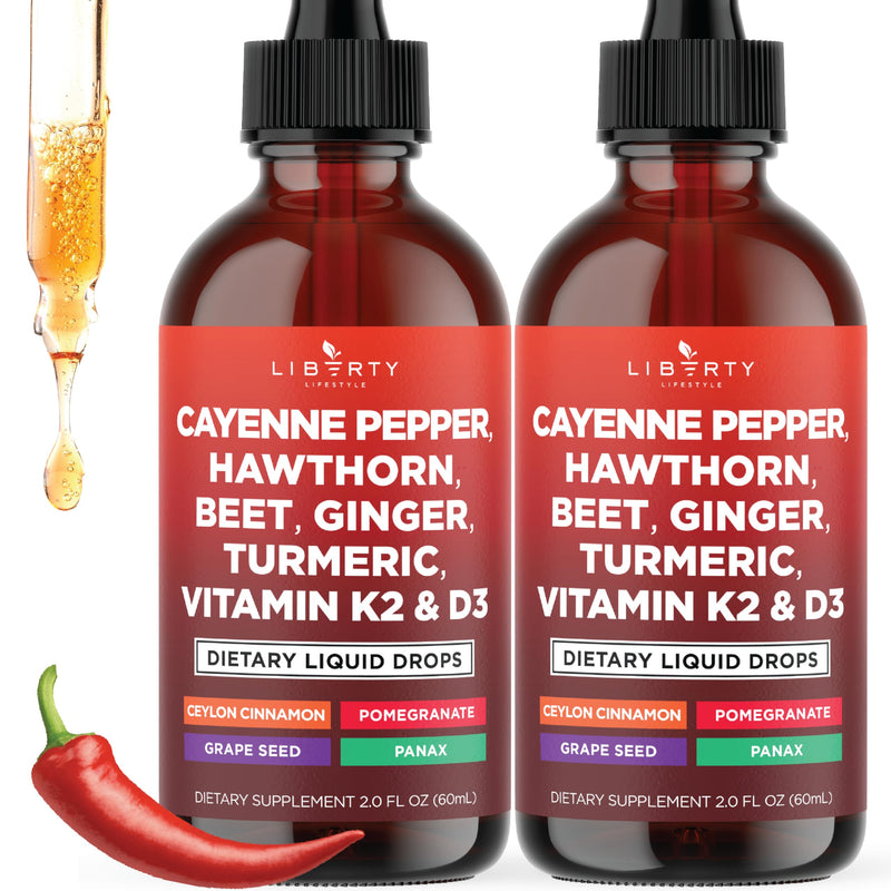 [Australia] - Cayenne Pepper Supplement Liquid Drops + Hawthorn Berry, Vitamin D3 K2 Beet Root Powder, Ceylon Cinnamon, Turmeric Curcumin, Organic Panax Ginseng - 4oz 2 Fl Oz (Pack of 2) 