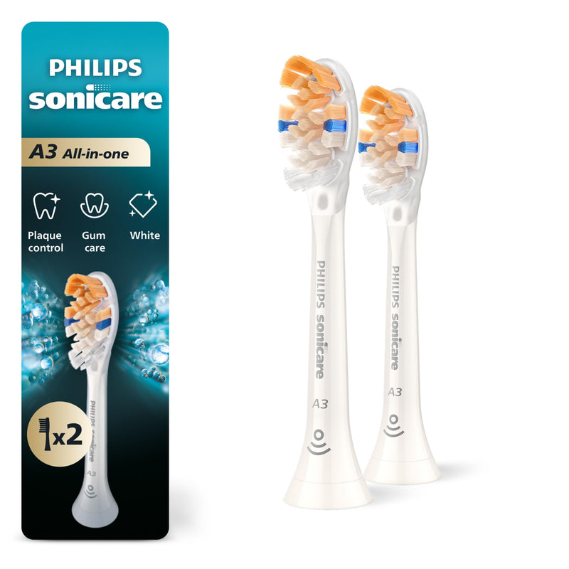 Philips Sonicare A3 All-in-One Brush Heads, 2-Pack, 6 Month Supply, White | 2000% More Plaque Removal¹, 100% Whiter Teeth², BrushSync Reminder, Up To 62,000 Bristle Movements Per Min, HX9092/77 1 Count (Pack of 2)