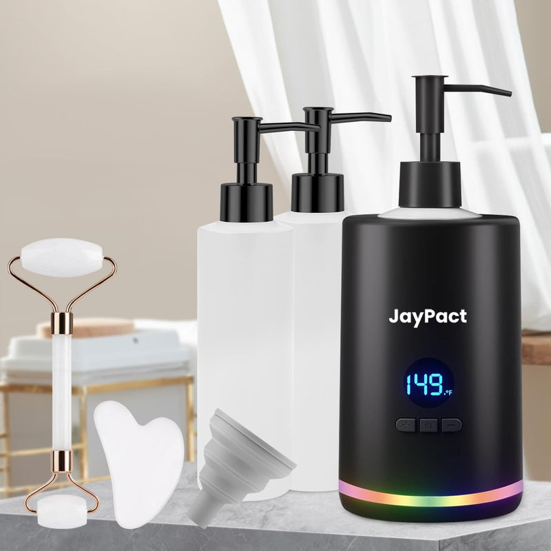 [Australia] - Oil Warmer for Massage, Massage Oil Lotion Warmer with Roller & Gua Sha Set for Spa, Body Oils Heater with Two Oil Bottle Dispenser, Oil Warmer Dispenser, Adjustable Temperature(86-149°F) Black 