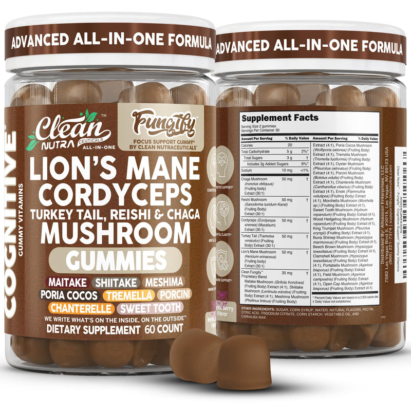 Clean Nutra Lions Mane Mushroom Gummies Cordyceps Supplement for Memory and Focus Immune Support Vitamins Reishi Chaga Turkey Tail Mushrooms Gummy Shiitake Maitake Meshima Supplements