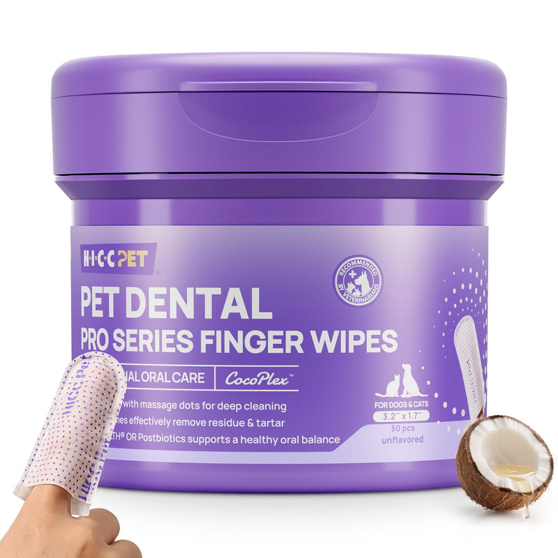 [Australia] - HICC PET Pro Dog Teeth Cleaning Wipes, Vet-Recommended Dental Care Wipes for Plaque & Fresh Breath, No-Rinse Dog Tooth Brushing Kit, Fresh Breath Oral Care, 50 Count, Unscented 1 