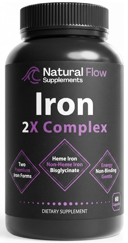 Natural Flow 2X Iron Complex, 28 mg, 60 Capsules | Dual-Source Heme + Ferrous Bisglycinate with Methylfolate, B12, B6, Vitamin C & Copper — Gentle on Stomach