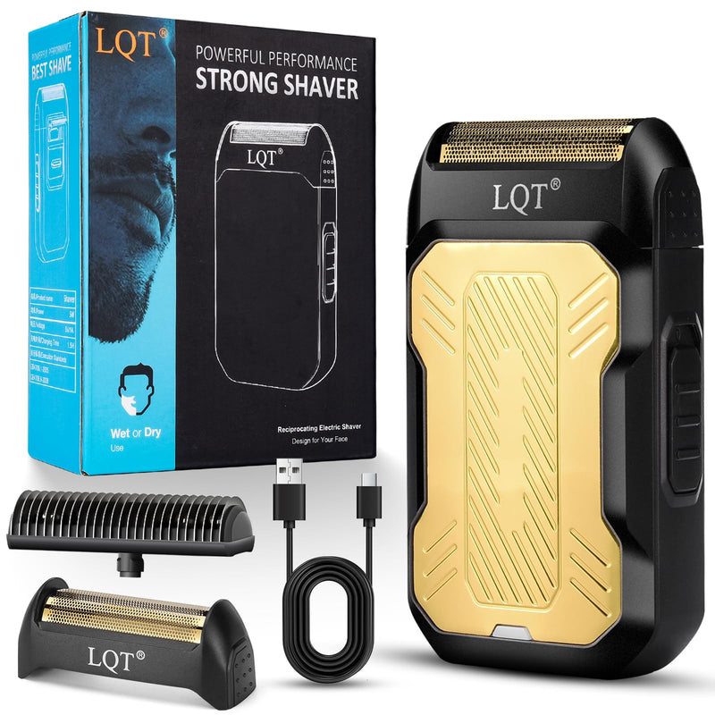 [Australia] - LQTⓇ Mini Foil Shaver, Portable Cordless Electric Shaver for Men, Equipped with a Set of Replacement Heads, USB-C Charging Cable, and Cleaning Brush, Suitable for Travel and Home use. (Golden) Golden 