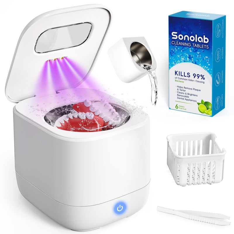 [Australia] - Sonolab Ultrasonic Retainer Cleaner Machine with Removable Tank and Cleaning Tablets, 45kHz Sonic Dental Cleaning Pod, 240ml Large Capacity Ultrasonic UV Cleaner for Dentures, Aligners, Mouth Guards 