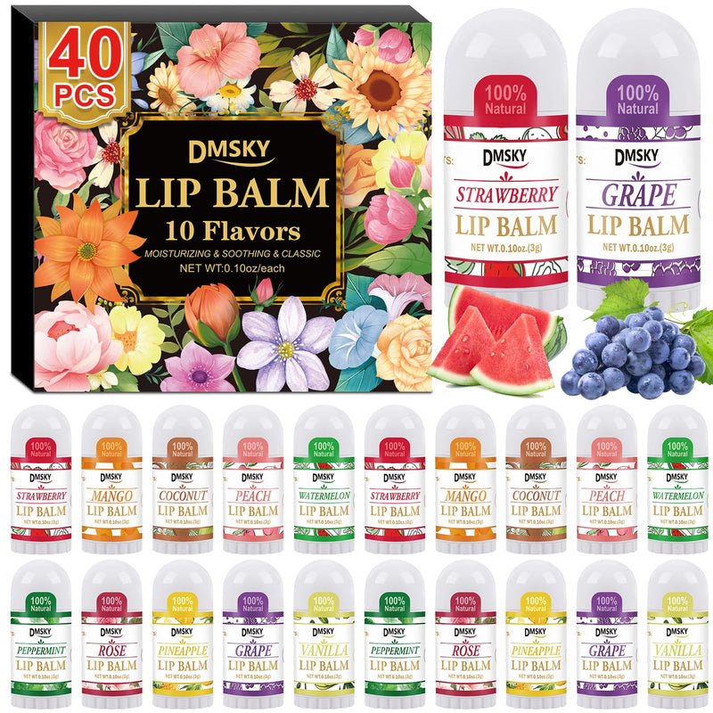 DMSKY 40 Pack Mini Lip Balm, Moisturizing Lip Balm Bulk with Vitamin E and Coconut Oil, Bulk Tiny Lip Balm for Party Favors, Care Packages & Goodie Bags 40 Count