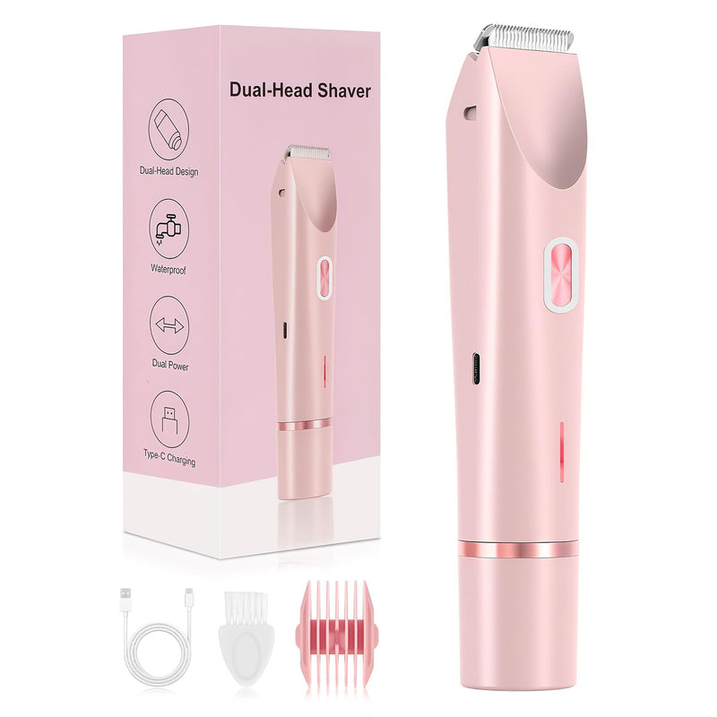 [Australia] - 2025 New 2-in-1 Bikini Trimmer for Women, Dermave Bikini Shaver, Dual Head Shaver for Woman, Waterproof Wet/Dry Use, Painless Hair Removal for Face, Body & Intimate Areas (Pink) Pink 
