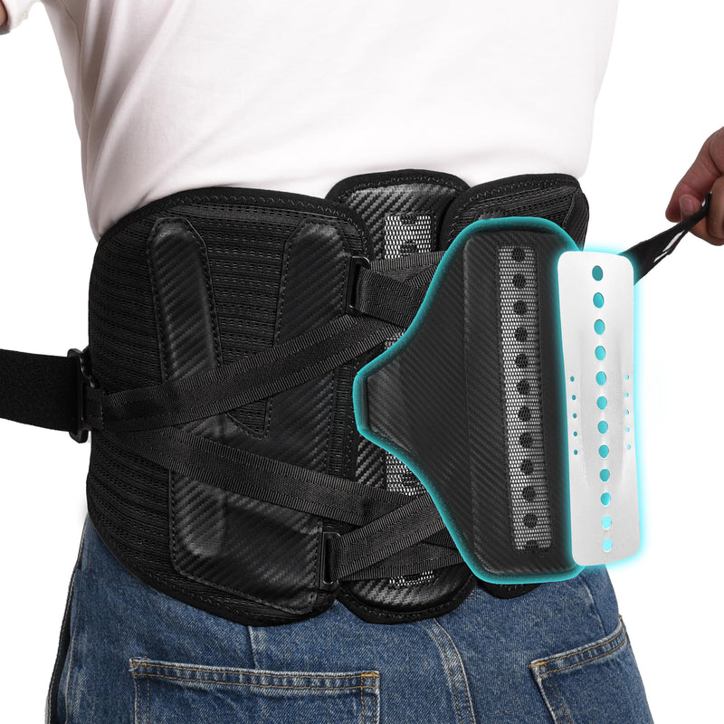 [Australia] - TIMTAKBO 11inch Height Back Brace for Lower Back Pain Relief,Back Support Brace for Men and Women with Removable Ergonomic Bionic Vertebra Plate, for Herniated Disc, Sciatica,Scoliosis-（Large） Black/Orange L Fit Belly 43-50 inches 