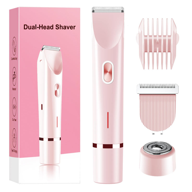 Bikini Trimmer for Women Electric Razors for Women, Double Head Dual Purpose, IPX7 Waterproof Hair Razor, Ceramic Blade Hair Trimmer Wet & Dry Use, Painless Electric Shaver for Facial and Body (Pink) Pink