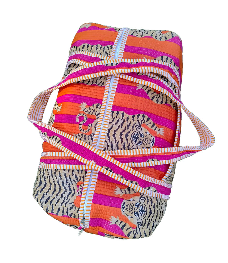 INDACORIFY Indian Cotton Tiger Print Quilted Duffle Bag Large Size Beautiful Print Weekender Bags Handmade Shoulder Travel Overnight Bag