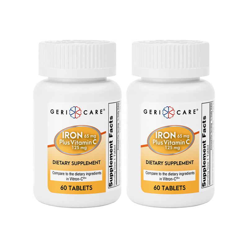 GeriCare Iron 65mg Plus Vitamin C 125mg Tablets – High-Absorption Iron for Anemia Support, Red Blood Cell Production, Fatigue Reduction, and Immune Health – 60 Count (2 Pack) 60 Count (Pack of 2)