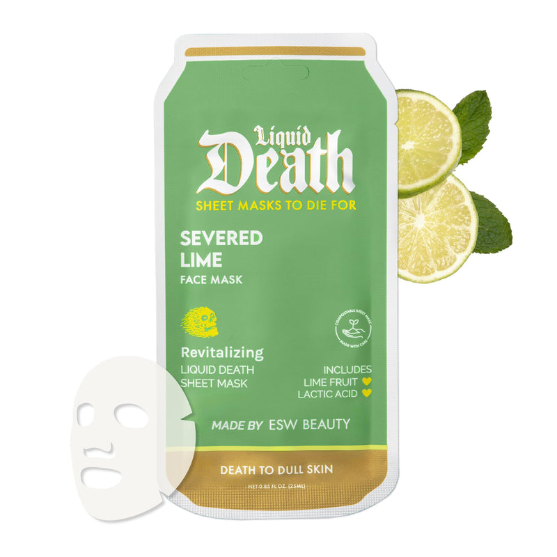 ESW Beauty Liquid Death x Severed Lime Revitalizing Face Mask, 1 Pack | Korean Skin Care Face Sheet Mask with Hyaluronic Acid, Vitamin C, Glutathione & Niacinamide to Hydrate, Exfoliate & Refresh 1 Count (Pack of 1)
