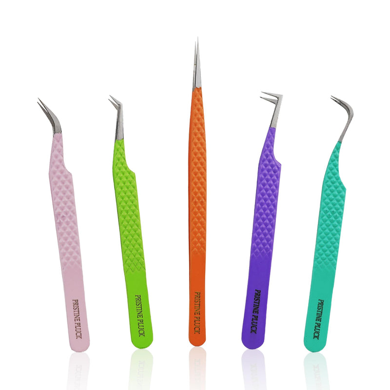 5-Piece Eyelash Extension Tweezers Set Precision Lash Tweezers with Anti-Slip Grip with fiber tip lash tweezers Tools for Lash Artists & eyelash tweezers for women (eyelash set multy) Eyelash Set Multy