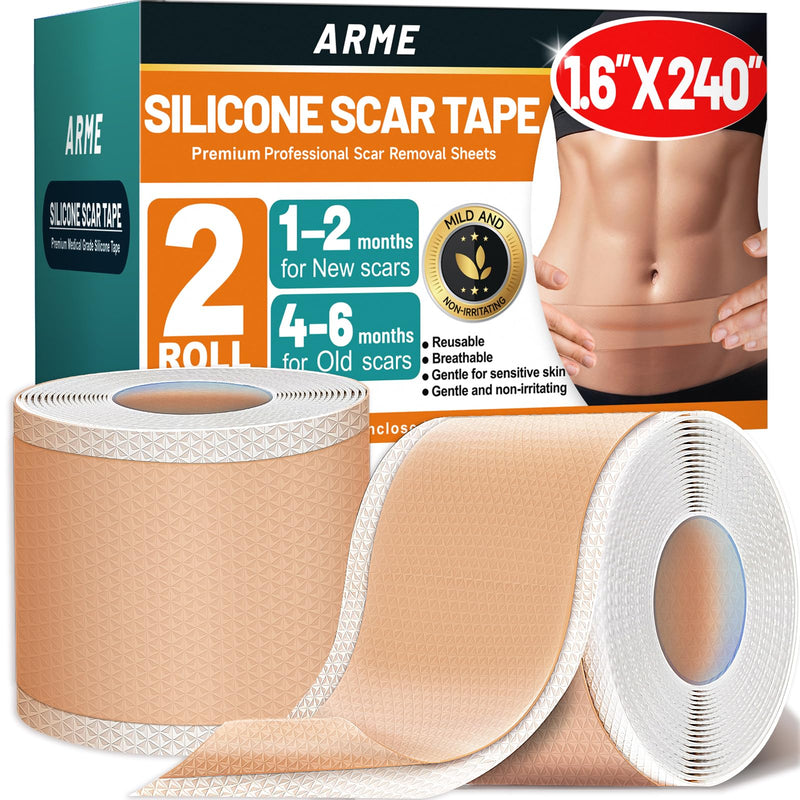 [Australia] - Arme Silicone Scar Tape, 1.6" x 240" Silicone Scar Sheets(2 Rolls-6M), Medical Grade Scar Tape Removal Sheets for Surgical Scars, Reusable Scar Removal Strips for Tummy Tuck C-Section Keloid 2 Pack 