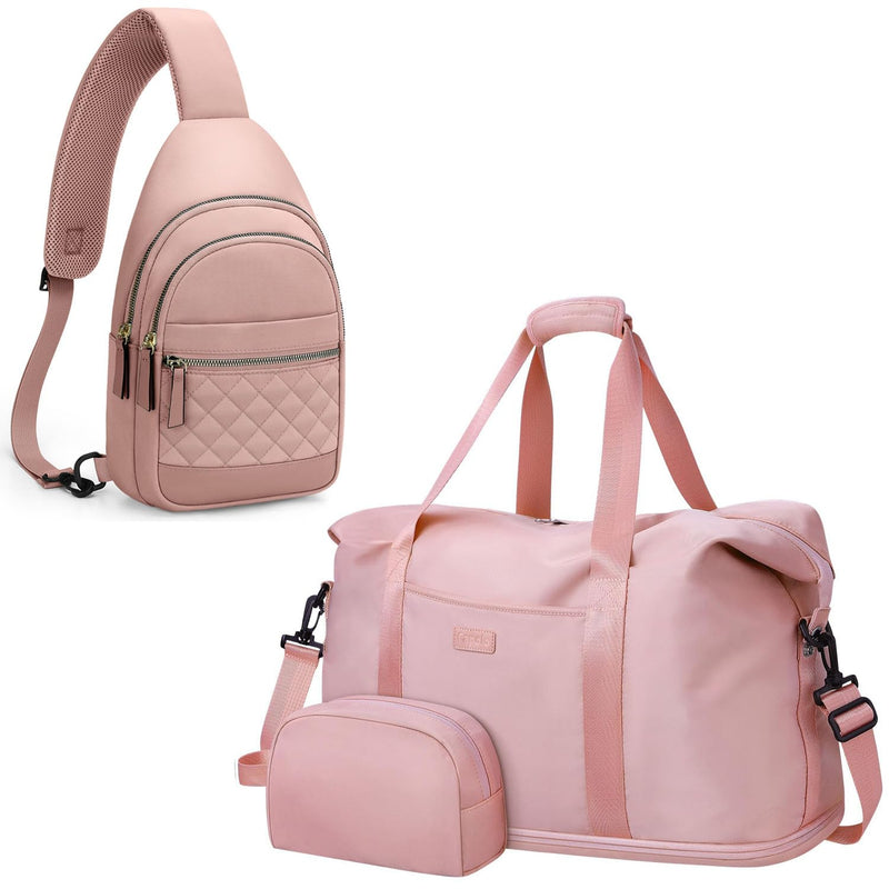 Expandable Travel Duffle Bag + Crossbody Bags for Women(Pink)