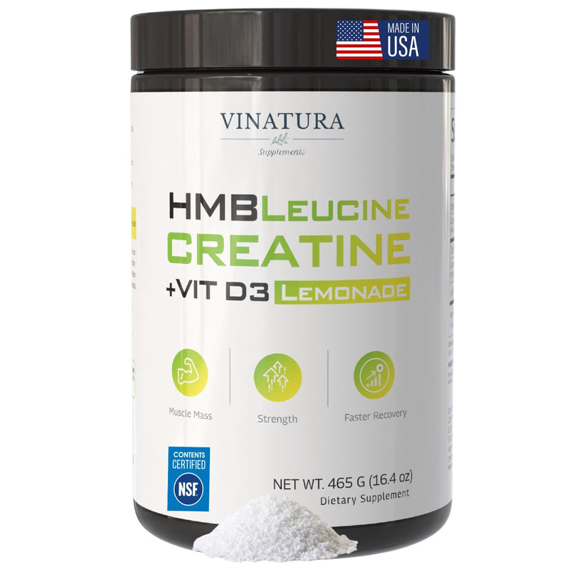 VINATURA Creatine HMB Powder with Leucine Supplements - Muscle Defense with 5g Creatine Monohydrate Powder, 3g HMB Supplement, L Leucine, Vitamin D3 - Labs Tested, Vegan Lemonade Flavor, 30 Servings